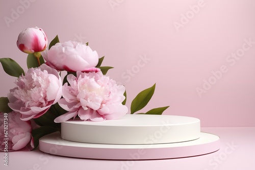 Fototapeta Naklejka Na Ścianę i Meble -  round white podium with pink peonies for product presentation, branding, packaging