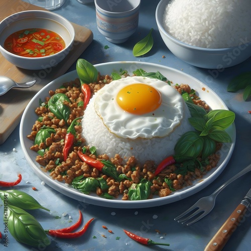 Fried rice with basil leaves, minced pork and fried egg. Thai food generative AI. Famous Thai Food Locals. Pic oil painting style.