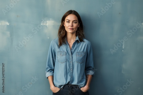 Portrait of a satisfied woman in her 30s sporting a versatile denim shirt against a bare monochromatic room. AI Generation