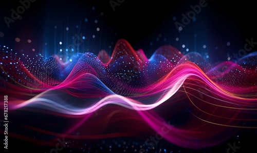 Futuristic abstract background with glowing waves. 3d audio soundwave visualization of sound. Colorful music pulse oscillation as impulse pattern. Signal waveform digital beats volume. Generative AI