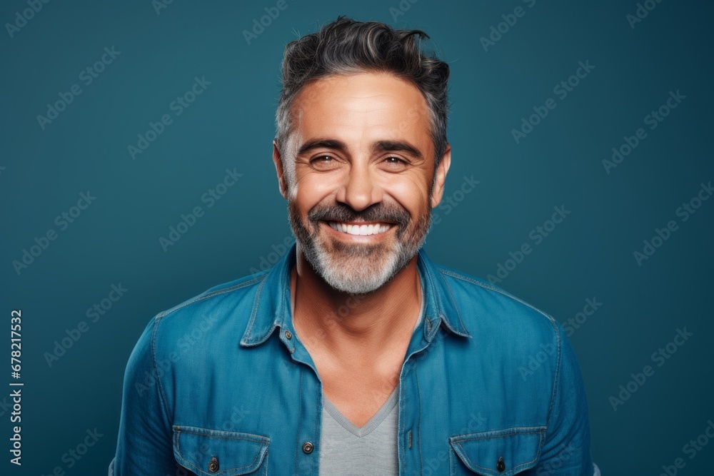 Portrait of a grinning man in his 40s sporting a versatile denim shirt against a bare monochromatic room. AI Generation Portrait of a grinning man in his 40s sporting a versatile denim shirt against a bare monochromatic room. AI Generation