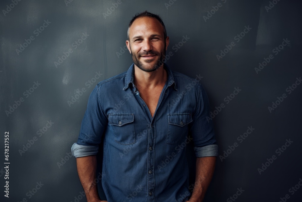 Portrait of a grinning man in his 40s sporting a versatile denim shirt against a bare monochromatic room. AI Generation Portrait of a grinning man in his 40s sporting a versatile denim shirt against a bare monochromatic room. AI Generation