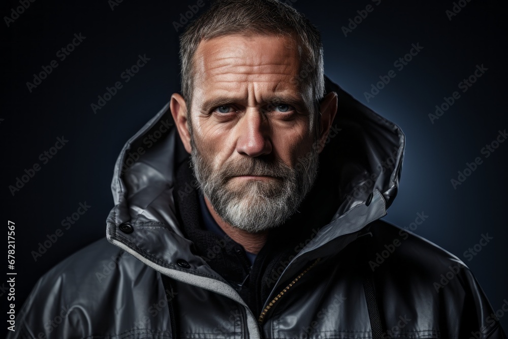Obraz premium Portrait of a tender man in his 40s dressed in a water-resistant gilet against a bare monochromatic room. AI Generation