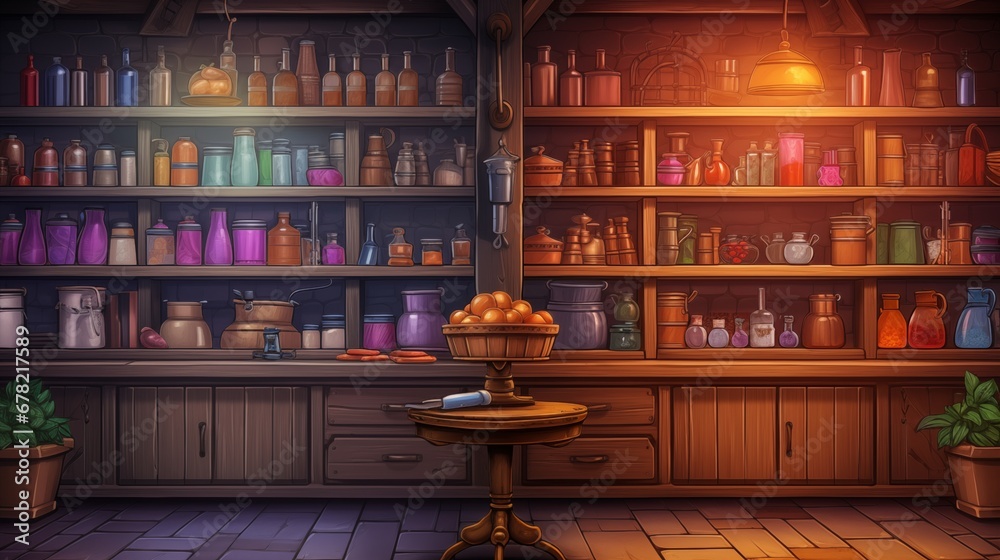 vintage interior with shelves of bottles and canisters background. Fantasy concept , Illustration painting.