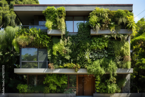 Architectural detail of a building adorned with thriving green living wall 