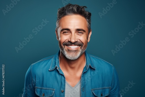 Portrait of a grinning man in his 40s sporting a versatile denim shirt against a bare monochromatic room. AI Generation photo