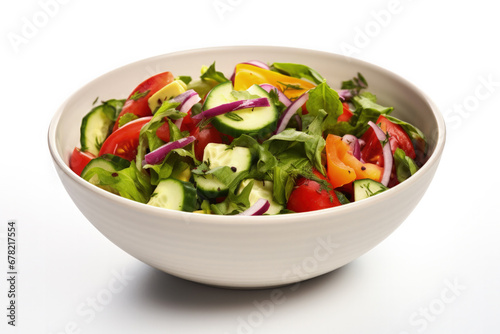 A bowl of colorful vegetable salad emphasizing plant-based diet isolated on a white background 