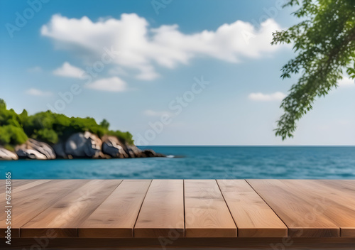 Wooden table on the background of the sea, island and the blue sky. High quality photo. AI Generative © DAR