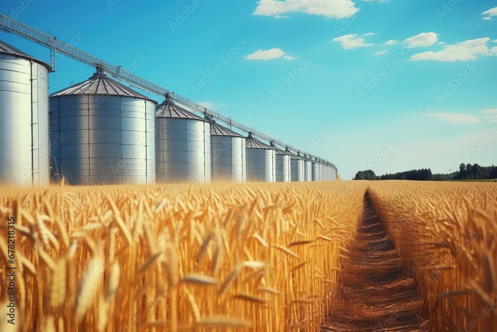 Agro silos granary in wheat field. Storage of agricultural production - obrazy, fototapety, plakaty 