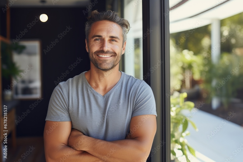 Portrait of a happy man in his 30s donning a trendy cropped top against ...