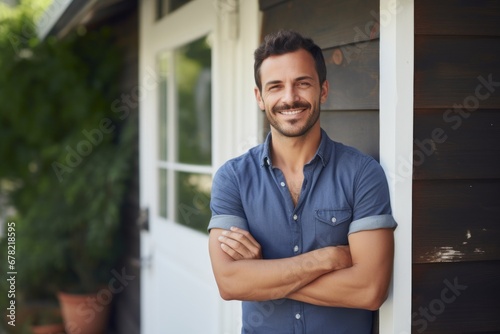 Portrait of a grinning man in his 30s wearing a simple cotton shirt against a stylized simple home office background. AI Generation