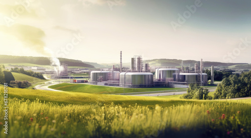 A modern hydrogen processing factory, clean energy generation plant on the green landskape background. photo