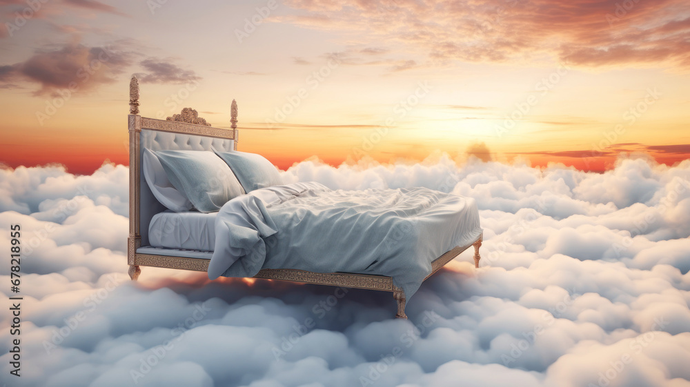 Soaring bed with soft blanket, among the fluffy clouds on the sunset background. - obrazy, fototapety, plakaty 