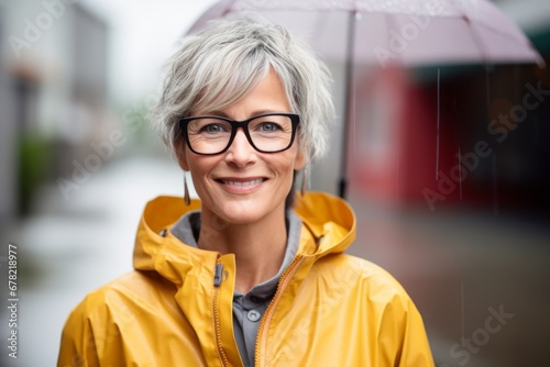Portrait of a jovial woman in her 50s sporting a waterproof rain jacket against a stylized simple home office background. AI Generation
