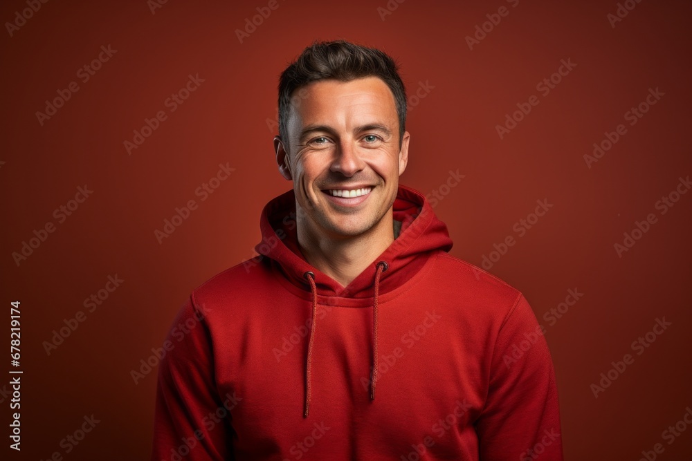 Portrait of a smiling man in his 30s wearing a thermal fleece pullover against a plain cyclorama studio wall. AI Generation Portrait of a smiling man in his 30s wearing a thermal fleece pullover against a plain cyclorama studio wall. AI Generation