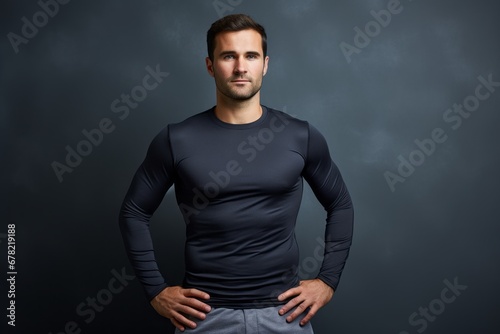 Portrait of a content man in his 30s showing off a lightweight base layer against a plain cyclorama studio wall. AI Generation