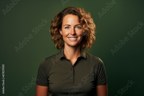 Portrait of a grinning woman in her 40s wearing a breathable golf polo against a plain cyclorama studio wall. AI Generation © CogniLens
