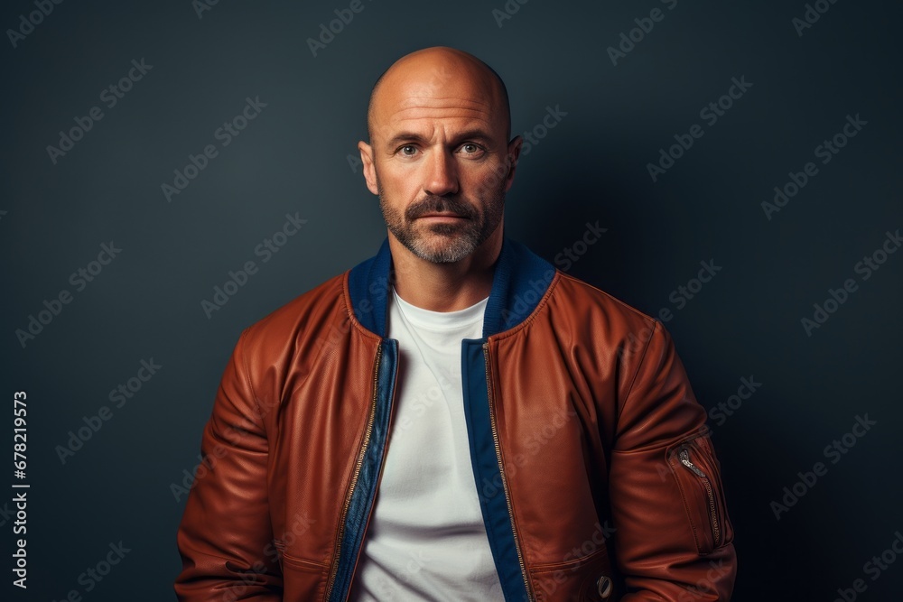 Portrait of a content man in his 40s sporting a stylish varsity jacket against a plain cyclorama studio wall. AI Generation