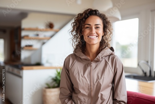 Portrait of a smiling woman in her 30s wearing a functional windbreaker against a crisp minimalistic living room. AI Generation