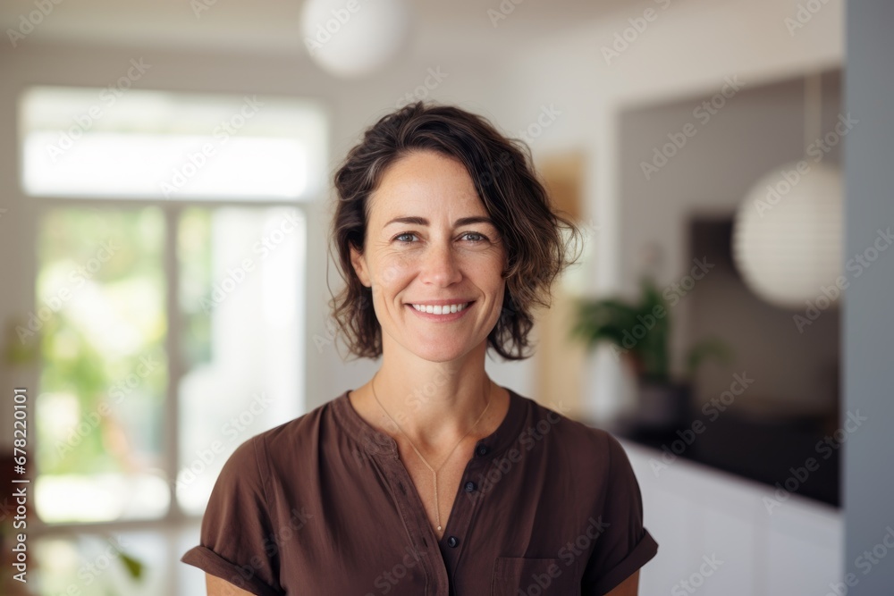Portrait of a grinning woman in her 40s wearing a sporty polo shirt against a crisp minimalistic living room. AI Generation Portrait of a grinning woman in her 40s wearing a sporty polo shirt against a crisp minimalistic living room. AI Generation