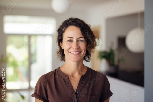 Portrait of a grinning woman in her 40s wearing a sporty polo shirt against a crisp minimalistic living room. AI Generation