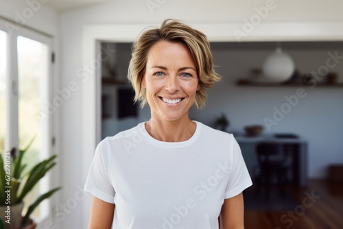 Portrait of a grinning woman in her 40s wearing a sporty polo shirt against a crisp minimalistic living room. AI Generation