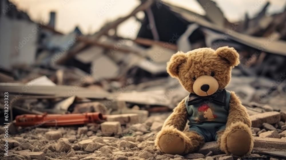 Old teddy bear in ruins of house, Destruction of building after fighting, war, natural disaster. Old teddy bear in ruins of house, Destruction of building after fighting, war, natural disaster.