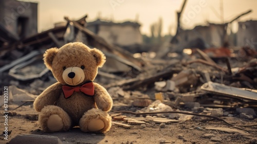 Old teddy bear in ruins of house, Destruction of building after fighting, war, natural disaster.