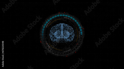 Blue digital robot brain logo and circle futuristic HUD elements with flowing arrows with Ai chatbot and machine learning technology and ai assistance concepts on abstract background