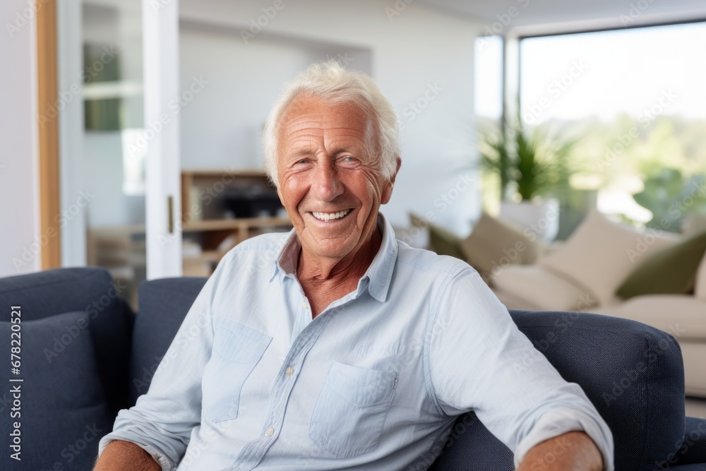 Portrait of a happy man in his 80s sporting a vented fishing shirt against a crisp minimalistic living room. AI Generation Portrait of a happy man in his 80s sporting a vented fishing shirt against a crisp minimalistic living room. AI Generation