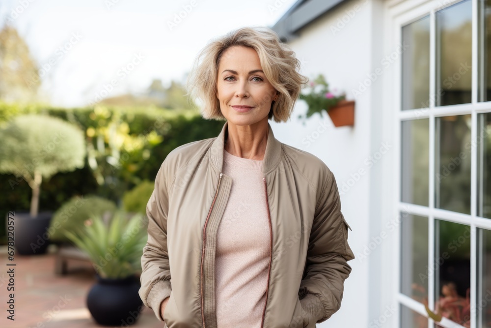 Fototapeta premium Portrait of a content woman in her 60s wearing a trendy bomber jacket against a crisp minimalistic living room. AI Generation