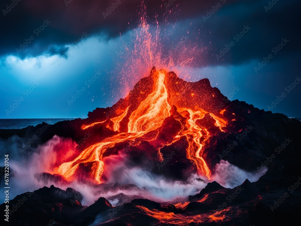 Volcano eruption in Iceland. Grindavik city. Imagination of volcanic eruption in the city. 