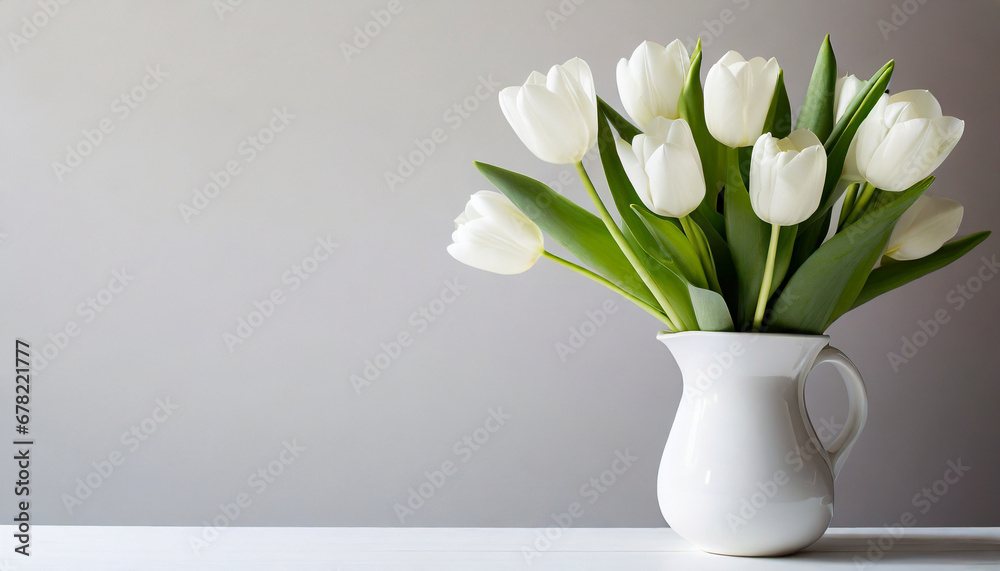 White tulips in a white vase, with a white background