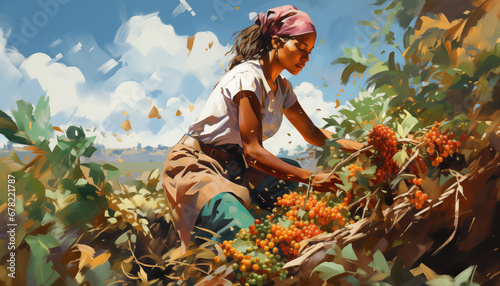 An illustration of an Ethiopian woman picking coffee beans among coffee plantations, depicted with warm colors. photo