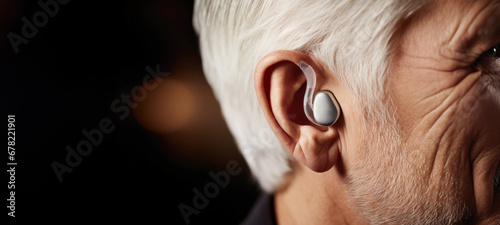 Hearing aids for seniors, aid, technology, or healthcare or medical device consultation for deaf patients with tinnitus. Listening, testing, and exam ear tech with a senior male in the clinic photo