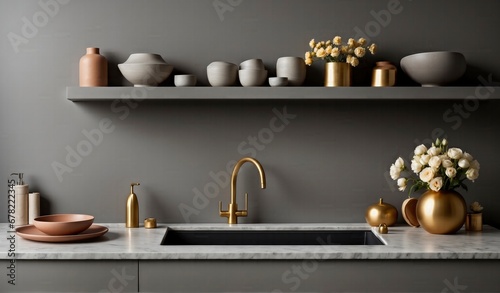 Modern Classic Elegance Gray Facades, Gold Faucet, and Clay Dishes Grace a Stylish Kitchen Fragment. Wall Shelf and Flowers Add Contemporary Charm