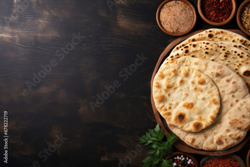 many different pita breads, flatbread on a wooden board. Traditional Georgian, Arabic cuisine. dough food