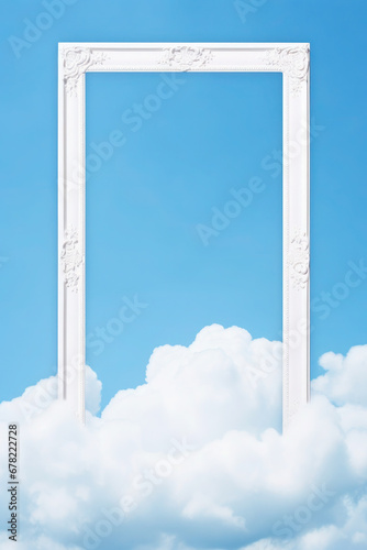 Natural frame made of fluffy white clouds on blue sky background. Flat lay  copy space. free space for text