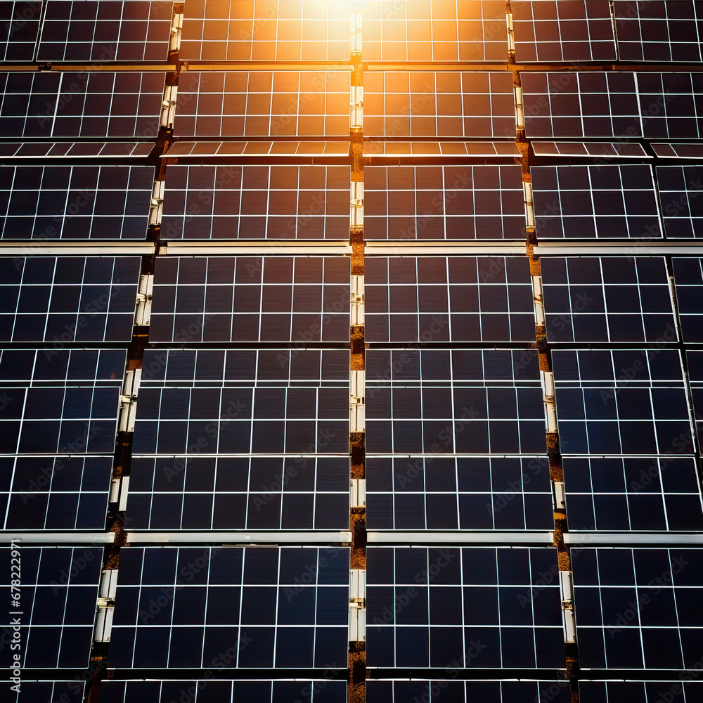 Obraz premium Solar panels at a solar farm in the desert at sunrise. Photovoltaic technology for sustainability, renewable and clean energy, and a sustainable planet, leading the energy transition