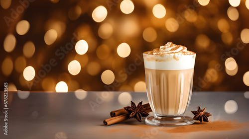The glass of coffee with cinnamon and other spices on the wooden table at the blurred cozy festive background with beautiful warm bokeh. photo