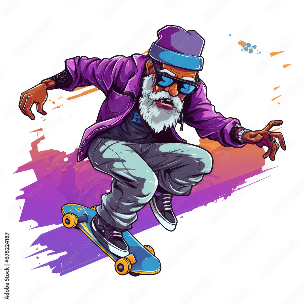 Happy senior man grandfather riding a skateboard. Old modern grandfather enjoy active sport. Healthy lifestyle. National Grandparent Day