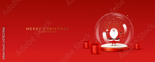 Christmas and New Year greeting card with transparent snow globe with Santa Claus.