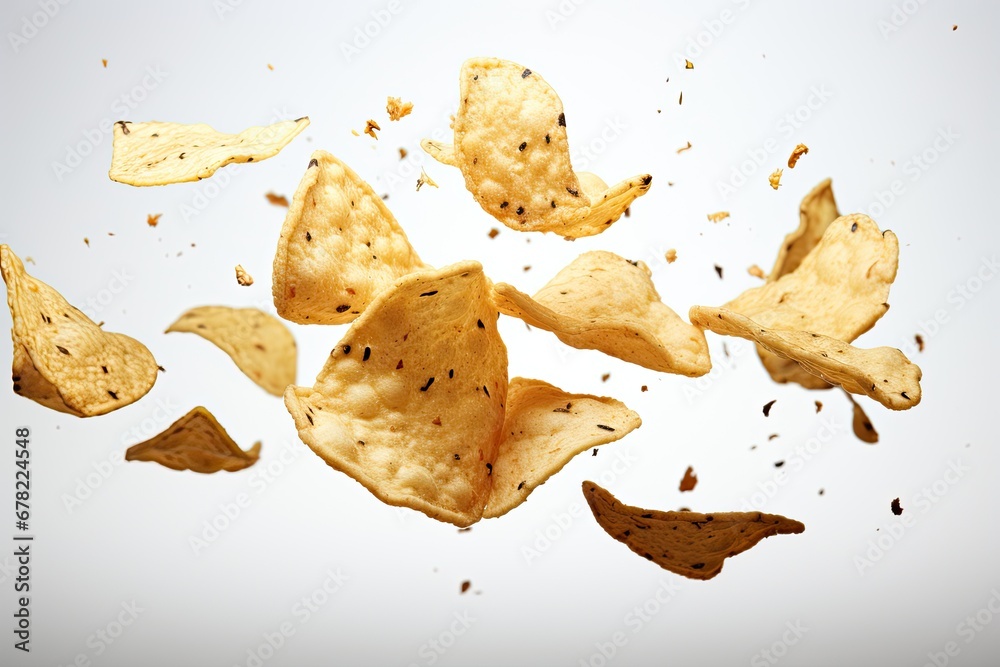 Tortilla Chips soaring in mid-air, isolated against a pristine white background. Tortilla Chips soaring in mid-air, isolated against a pristine white background.