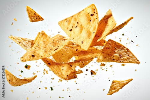 Tortilla Chips soaring in mid-air, isolated against a pristine white background. photo