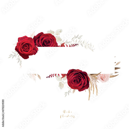 Elegant minimalist floral bouquet frame, border with red roses, pampas grass. Bohemian, watercolor style flowers, dry palm leaves editable vector illustration. Wedding invite, greeting, party template