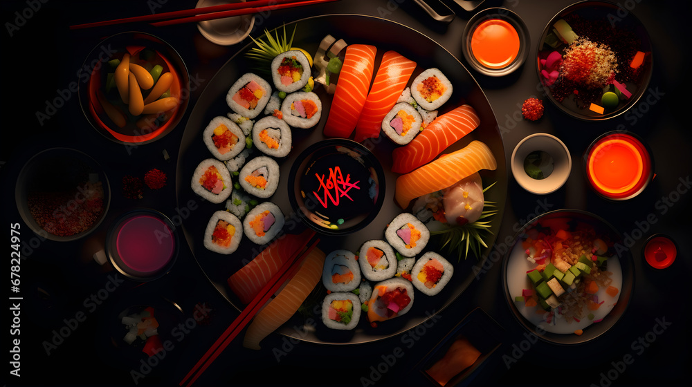 Photo rolls and sushi black background