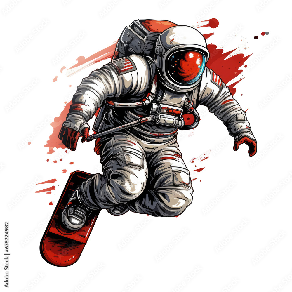 Astronaut rides on skateboard through the space. jump on space, playing skateboard Vintage logo badge