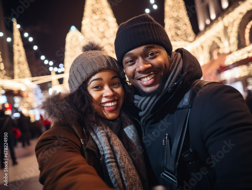 A couple take a selfie in the street on Christmas night © kalafoto