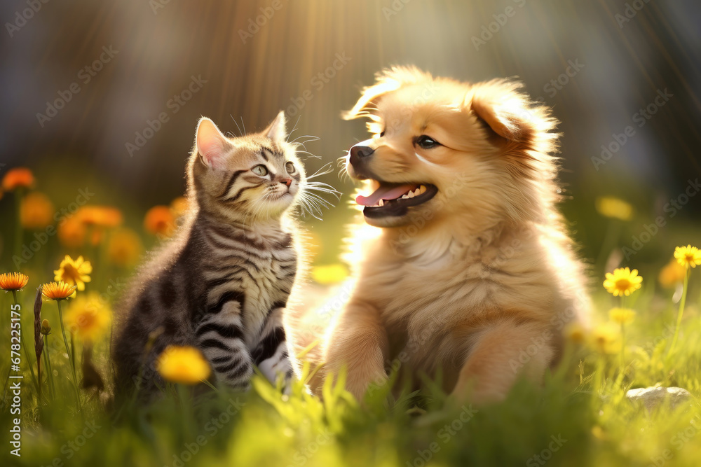 A cute couple of furry friends little cat and a mischievous little dog, are playing together in the garden on a beautiful sunny day, Friendship of pet concept. A cute couple of furry friends little cat and a mischievous little dog, are playing together in the garden on a beautiful sunny day, Friendship of pet concept.