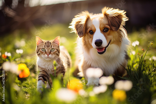 A cute couple of furry friends little cat and a mischievous little dog, are playing together in the garden on a beautiful sunny day, Friendship of pet concept.